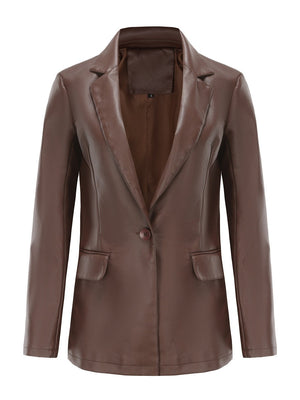 Single Button Pocket Solid Color Leather Jacket