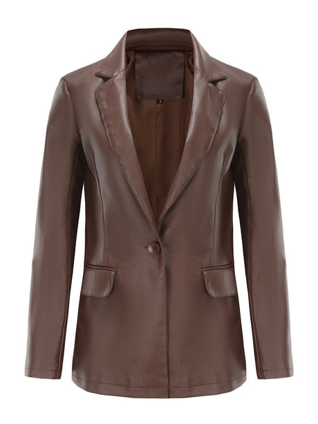 Single Button Pocket Solid Color Leather Jacket