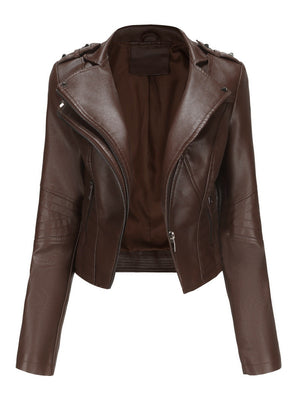 Studs Short Stand Collar Zipper Leather Jacket