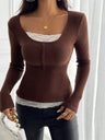 Square Collar Lace Single-breasted Slim-fit Long-sleeved T-shirt