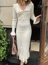 Ruffled Retro Splicing Ladies French Lapel Long Dress Knitted Skirt Sweater Dress