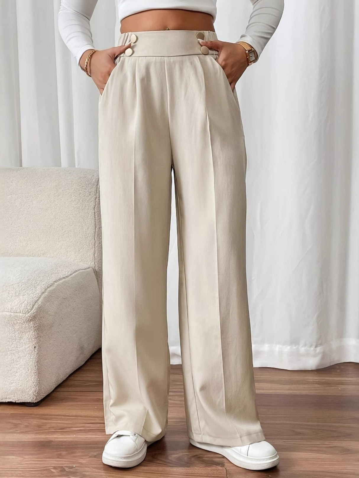 Pleated Button Draped Casual Pants High Waist Trousers Loose Straight Trousers