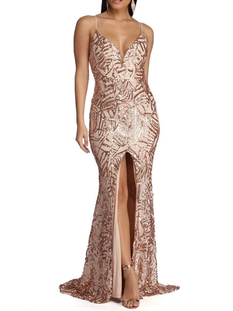 Liber Autumn women's sequins V-neck High front slit suspender long dress