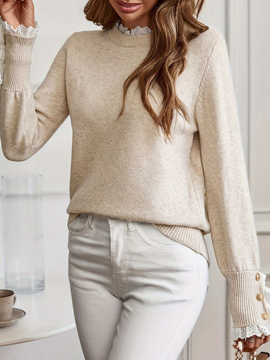 Splicing Lace Trim Crew Neck Long Sleeve Buckle Pullover Knit Sweater