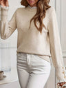 Splicing Lace Trim Crew Neck Long Sleeve Buckle Pullover Knit Sweater