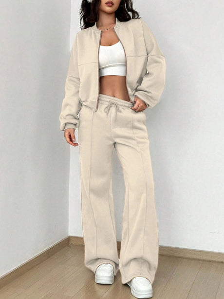 Sports And Leisure Solid Color Crew Neck Zipper 2-piece Sets