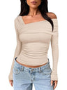 One Shoulder Long Sleeve Pleats Slim Fit T-shirts
