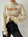 Turtleneck Hollow Out Balloon Sleeve Knitted Sweater