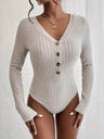 V-neck Button-down Long-sleeved Knitted Brushed Ribbed Bodysuit Top, European And American Style.
