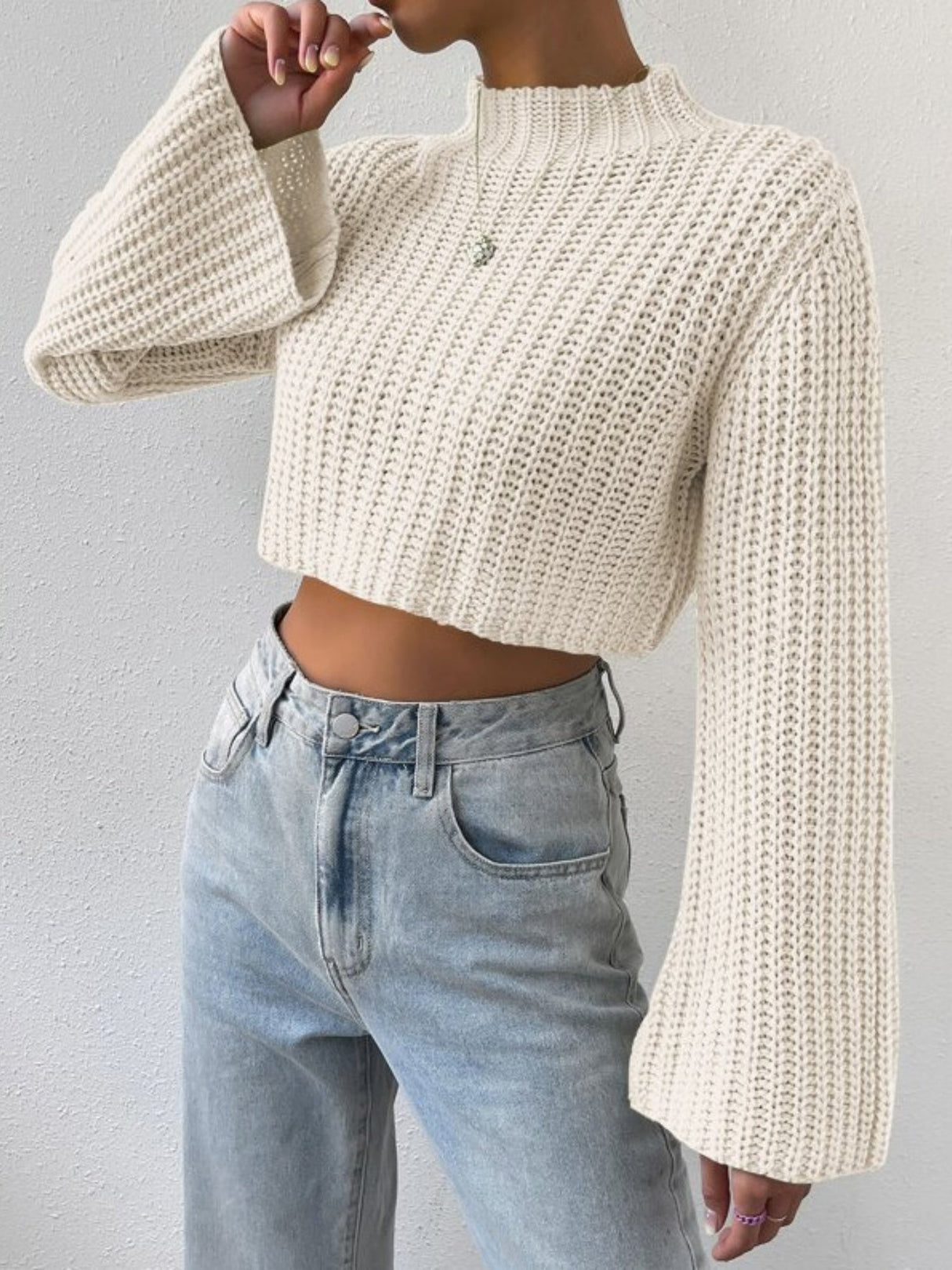 High-waisted Short Bell Sleeves Mock Neck Pullover Sweater