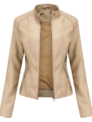 Street Cool Thin Stand Collar Zipper Leather Jacket