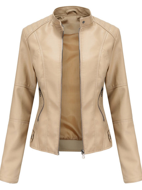 Street Cool Thin Stand Collar Zipper Leather Jacket