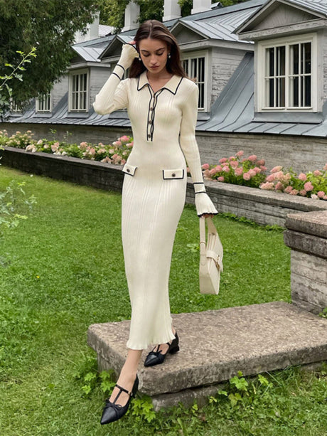 Ruffle Lapel Tight French Light Luxury Knitted Dress Sweater Dress Long Skirt