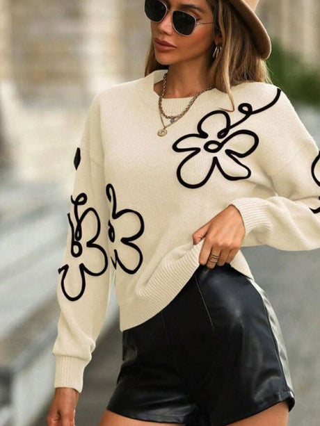 3D Effect Flower pattern Crew Neck Sweaters