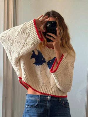 Contrasting Colors Jacquard Fish Pattern Knitting Sweaters