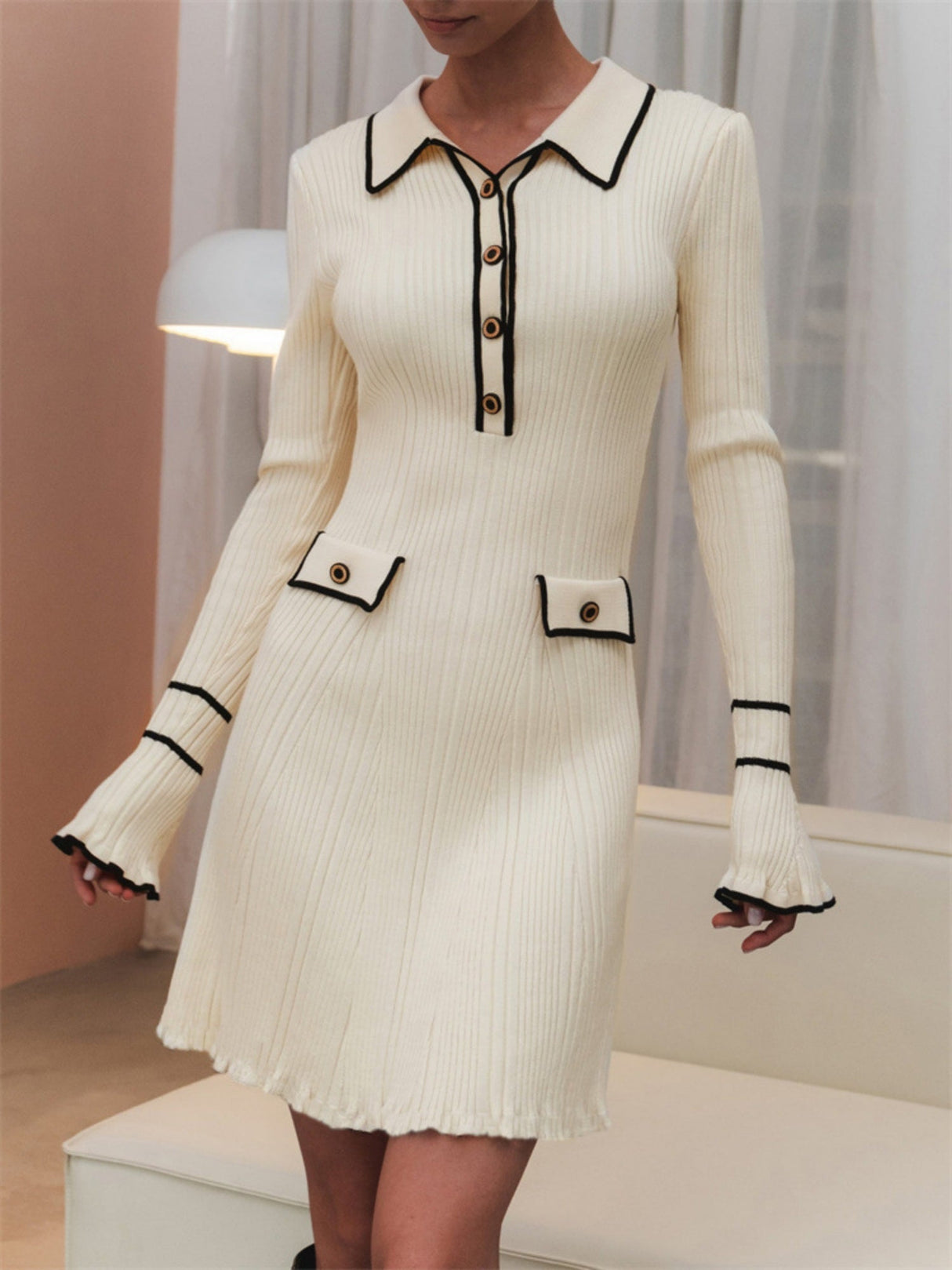 Spliced Chanel Style Long-sleeved Lapel Button-down Ruffled Knitted Mid-length Dress