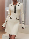 Spliced Chanel Style Long-sleeved Lapel Button-down Ruffled Knitted Mid-length Dress