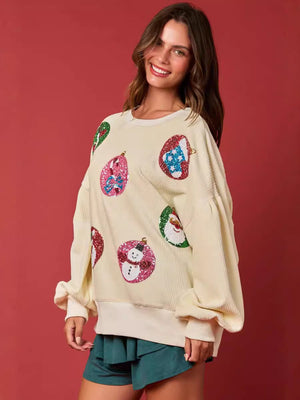 Christmas Egg Sequined Long Sleeve Loose Sweatshirt Pullover Top