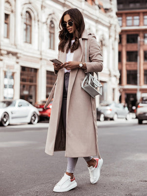 Simple Long-sleeved V-neck Tie Woolen Solid Color Coats