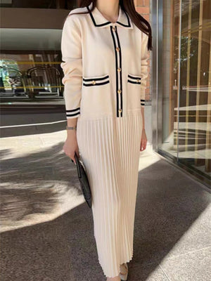 Lapel Contrasting Trim Elegant Chanel Style Pleated Loose Long Knitted Dress