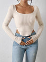 Square Neck Long-sleeved Irregular Hem T-shirt Top With Brushed Ribbed Long-sleeved Knit Sweater