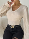 V-neck Brushed Ribbed Lantern Sleeve Long-sleeved Knitted Bodycon Jumpsuit Top