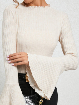 Flared Sleeves, Long-sleeved, Stand-up Collar, Brushed Ribbed Knit Bodysuit Top