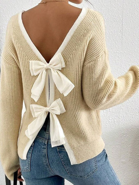 Bow Contrasting colors Backless Sweaters