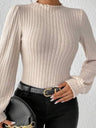Ruffled Hem Stand Collar Lantern Sleeve Long-sleeved Knitted Brushed Ribbed Bodysuit Top