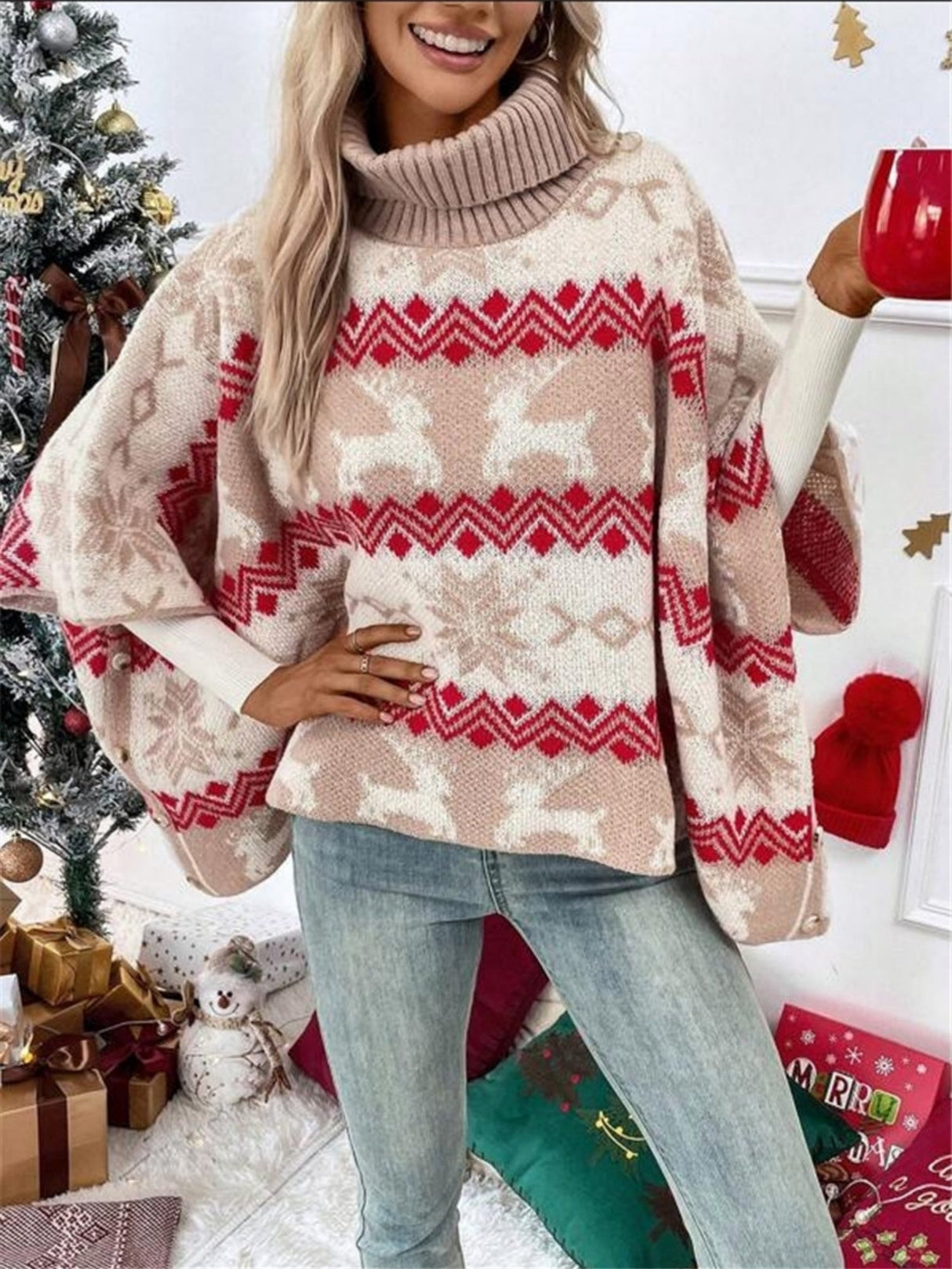 Christmas Elk Contrasting Colors Batwing Sleeve Sweater