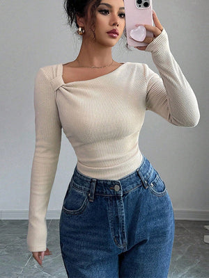 Apricot Bow Slim Fit Knitting Long Sleeve T-shirts