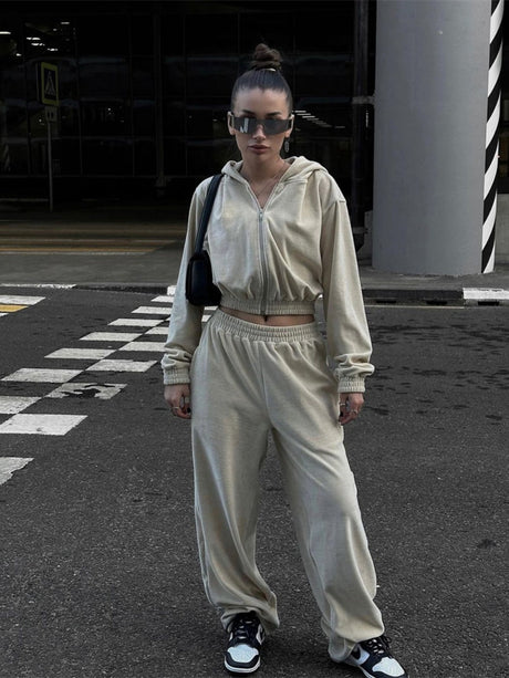 Liber Autumn women's solid color zipper clothing Sweatshirts&Hoodies Long sleeve cardigan two piece set