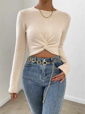 Crew Neck Cross Knitted Tops And Sweaters