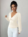Deep V-neck Slim Fit Pearl Decoration Pleated Waist T-shirt