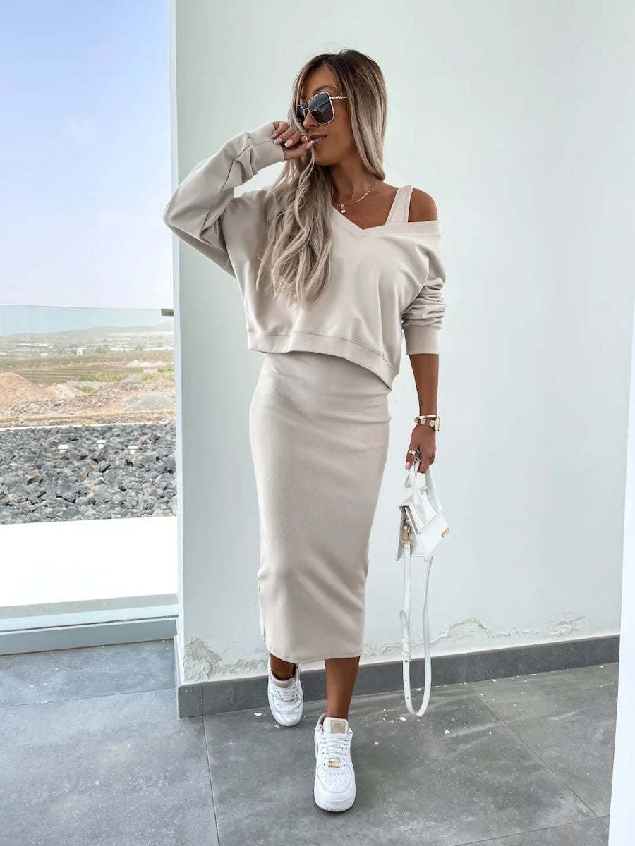 Liber Autumn women's V-neck clothing Pullover solid color long sleeve two piece dress
