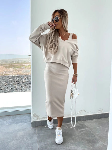 Liber Autumn women's V-neck clothing Pullover solid color long sleeve two piece dress