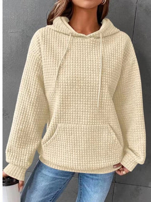 Waffle Crew Neck Long Sleeve Pocket Solid Color Hooded Sweatshirts&Hoodies