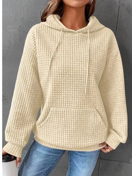 Waffle Crew Neck Long Sleeve Pocket Solid Color Hooded Sweatshirts&Hoodies