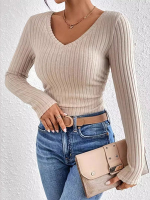 Apricot Pleated V-neck Long Sleeve Sanded Pier Needle Weaving T-shirts