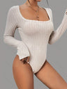 Knitted Ribbed Brushed Striped Square Neck Long-Sleeved Bodysuit Top