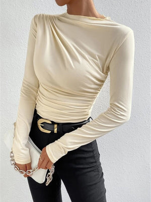 Pleated Solid Color Long-sleeved T-shirt