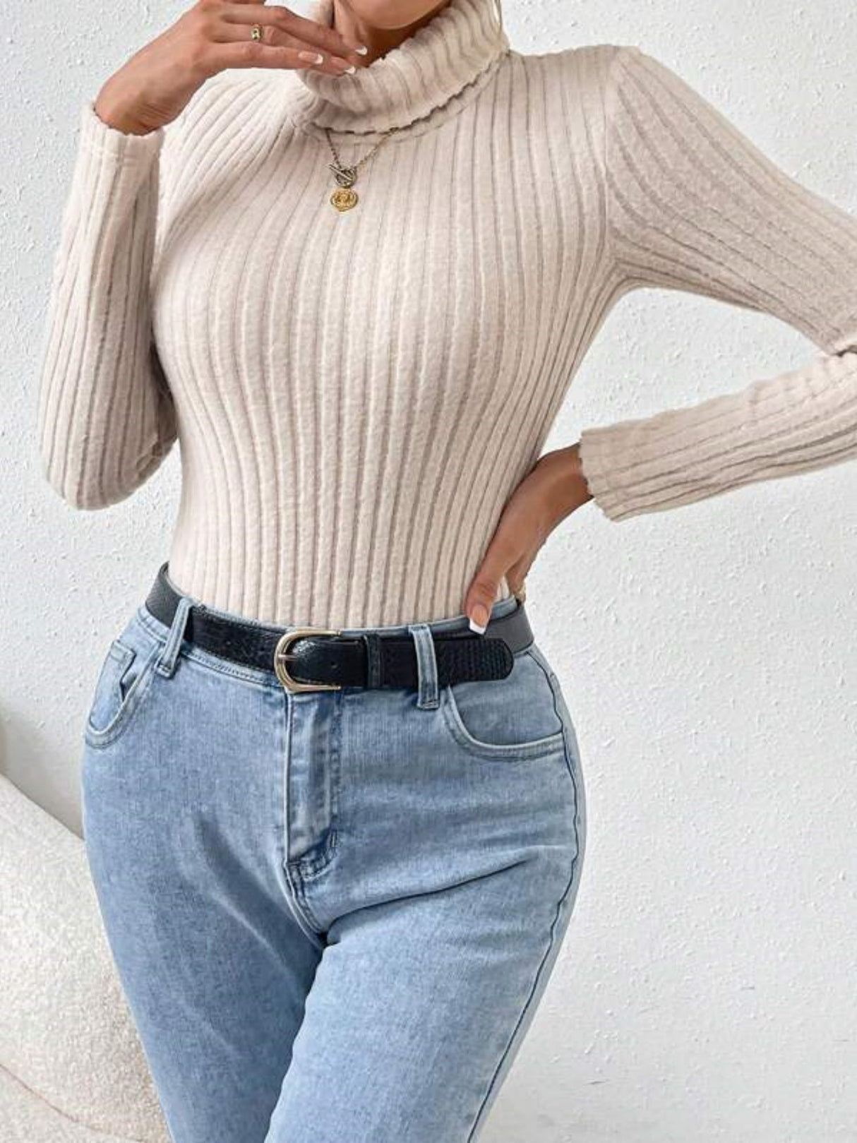 High-neck Long-sleeved Knitted Brushed Ribbed Bodysuit Top