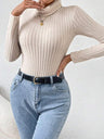 High-neck Long-sleeved Knitted Brushed Ribbed Bodysuit Top