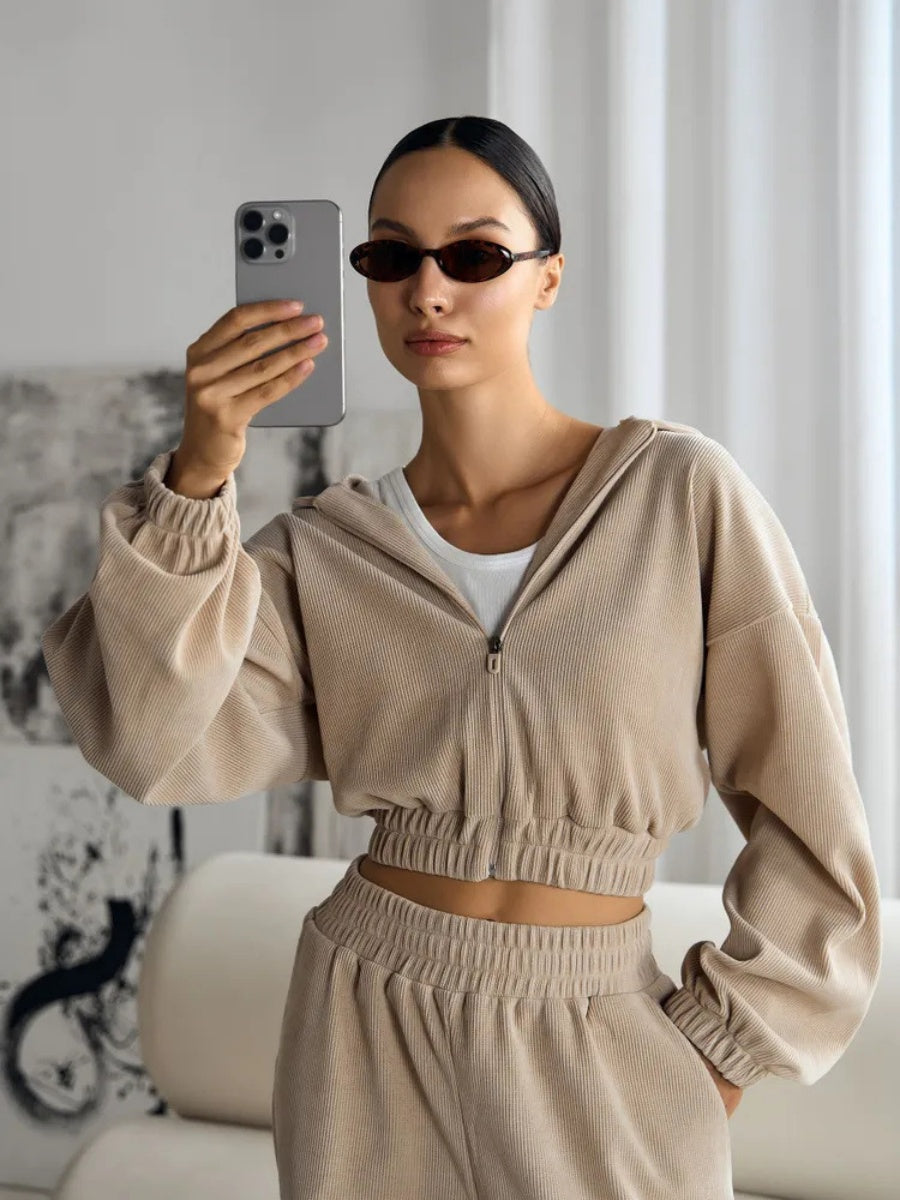 Liber Autumn women's solid color long-sleeved cardigan two-piece suit