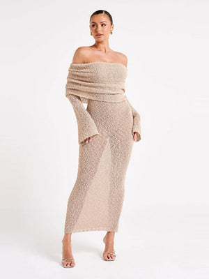Liber Autumn women's one-shoulder see-through pullover long dress