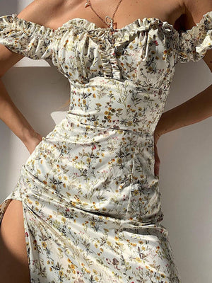 Sexy, Elegant, Fashionable Slit Off Shoulder Wood Ear Floral Maxi Dresses
