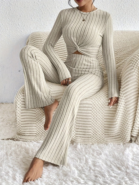 Small Round Neck Long Sleeves Tie Solid Color 2-piece Sets