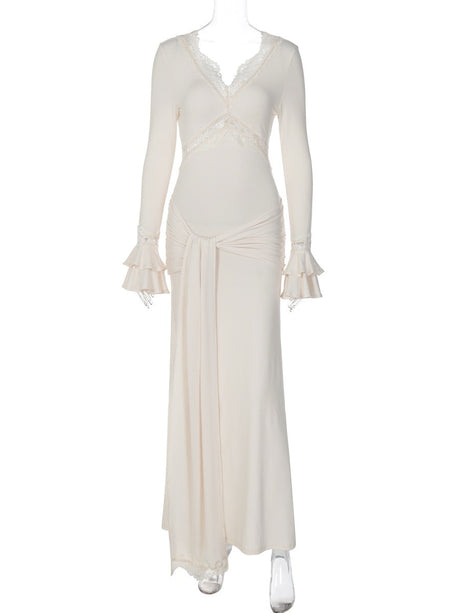 Women's Lace stitching V-neck Maxi Dresses