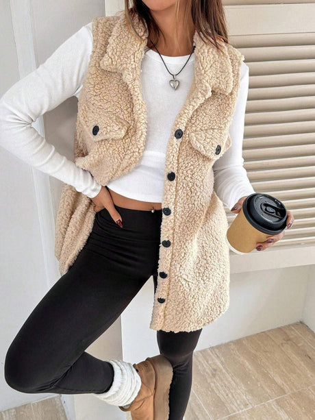 Solid Color Lapel Open Buckle Loose Temperament Commuting Imitation Lambskin Vests