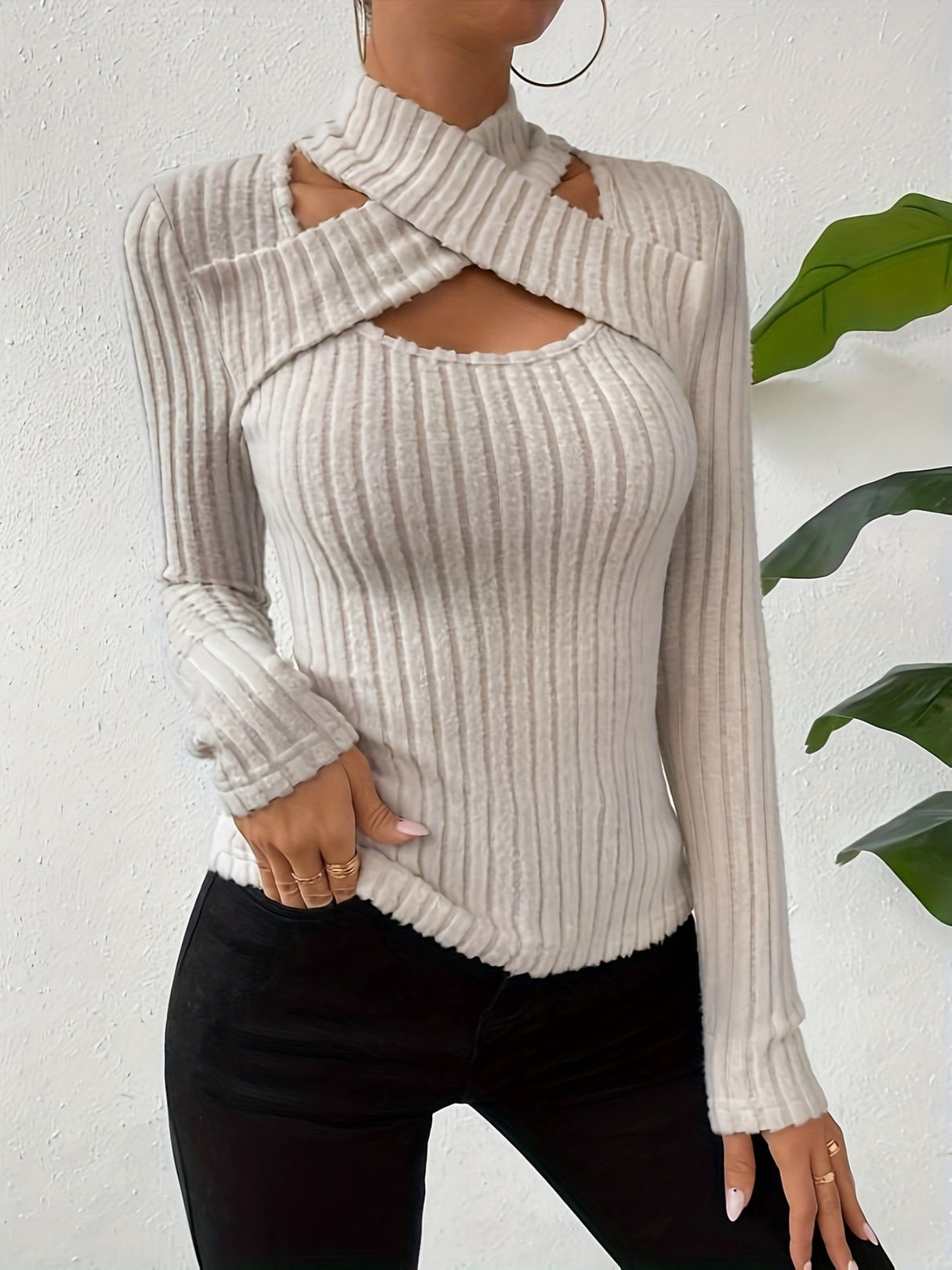 Halter Neck Crossover Long-sleeved Brushed Ribbed Knit T-shirt Top Sweater